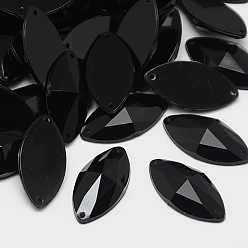 Черный Шить на горный хрусталь, Тайвань акриловые горный хрусталь, два отверстия, аксессуары для одежды, граненые, лошадиный глаз , чёрные, 18x9x4.5 мм, отверстие: 1 мм