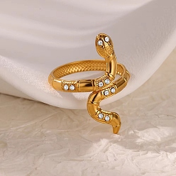 Настоящее золото 18K 304 кольца манжеты из прозрачного кубического циркония из нержавеющей стали с микропаве, змея, реальный 18 k позолоченный, внутренний диаметр: 18 мм