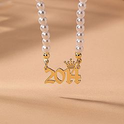 Number Женские ожерелья из круглого белого бисера с имитацией жемчуга и подвеской в виде короны в виде года рождения, золотые, число 2014, 14.96 дюйм (38 см)