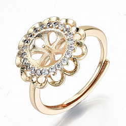 Настоящее золото 18K Регулируемые настройки кольца на палец из латуни с микрокубическим цирконием, за половину пробурено бисера, без никеля , цветок, реальный 18 k позолоченный, размер США 7 (17.3 мм), штифт: 0.8 мм (для бусин с половиной отверстия)
