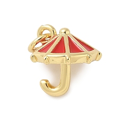 Красный Латунь эмаль прелести, зонт шарм, с целью перехода в кольце, без свинца и без кадмия, долговечный, стойки покрытие, реальный 18 k позолоченный, красные, 11.5x11.5 мм, отверстие : 3.4 мм