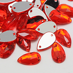 Оранжево-Красный Шить на горный хрусталь, Тайвань акриловые горный хрусталь, два отверстия, аксессуары для одежды, Грановитая Teardrop, оранжево-красный, 16x10x4 мм, отверстие: 1 мм