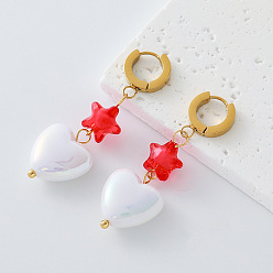 Deep Pink 304 Stainless Steel Resin Hoop Dangle Earrings for Women, Star with Heart, Golden, with Imitation Pearl, Deep Pink, 52mm