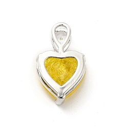 Yellow Glass Pendants, with Real Platinum Plated Brass Findings, Heart, Yellow, 20x12.5x7.5mm, Hole: 5.5x2.5mm