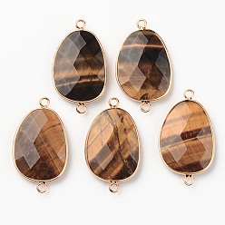 Тигровый глаз Натуральный тигровый глаз ссылки, с латунными петлями по краям, покрытыми светлым золотом, овальные, граненые, 38x22.5x6 мм, отверстие : 2 мм