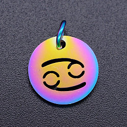 Рак Радужное ионное покрытие (ip) 201 подвески из нержавеющей стали, с прыжковых колец, плоский круглый с созвездием / знак зодиака, рак, 12x1 мм, Перейти кольцо: 5x0.8 мм, внутренний диаметр: 3 мм