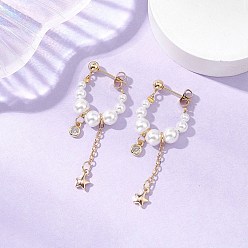 Золотой 304 серьги-кольца из нержавеющей стали с круглыми звездами и жемчугом, с прозрачным кубическим цирконием и латунными цепями, золотые, 45x18x5.5 мм