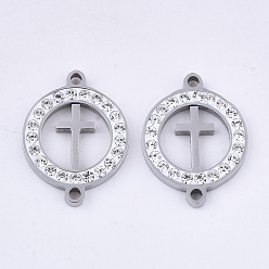Stainless Steel Color 201 Stainless Steel Links connectors, with Polymer Clay Crystal Rhinestone, for Religion, Flat Round with Cross, Stainless Steel Color, 20x15x2.5mm, Hole: 1.6mm