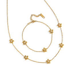 Настоящее золото 18K 304 ожерелья и браслеты из нержавеющей стали с цветочными звеньями, реальный 18 k позолоченный, колье: 16.14 дюйм (41 см), браслеты: 7-1/8 дюйм (18 см)