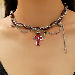 Красный Винтажный кулон в виде креста из сплава, имитация кожаного двухслойного чокера с панковской кисточкой-шипом для женщин., платина, красные, 12.64 дюйм (32.1 см)