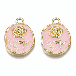 Pink Стойки обшивки сплава эмали подвески, золотой свет, без кадмия, без никеля и без свинца, овал с розой и словом любовь, розовые, 21x16x3 мм, отверстие : 1.6 мм