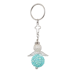 Cyan Seed Beads Keychain, with Iron Split Key Rings and Resin Rhinestone Beads, Angel, Cyan, 9.3cm