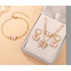 Pink Комплекты ожерелий, браслетов, сережек и колец в виде бабочки из сплава со стразами и эмалью для детей, розовые, Ожерелье: 450 mm