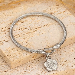 Нержавеющая Сталь Цвет Женские 304 браслеты из нержавеющей стали, шарм браслеты, цветок, цвет нержавеющей стали, внутренний диаметр: 1.97x2.36 дюйм (5x6 см)