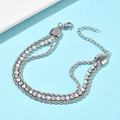 Нержавеющая Сталь Цвет 304 Двухслойный браслет из нержавеющей стали с цепочкой из страз для женщин, плоско-круглые, со стразами и пластиковыми бусинами, имитирующими жемчуг, цвет нержавеющей стали, 7.01 дюйм (17.8 см)