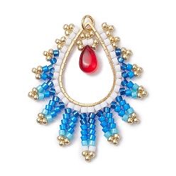 Озёрно--синий Подвески-слезинки из стекла ручной работы, с соединительным кольцом и 201 соединительными кольцами из нержавеющей стали, Плут синий, 41.5x35x4.5 мм, отверстие : 3.5 мм