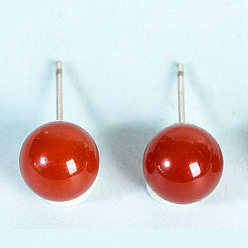 Красный Агат Серьги-гвоздики из натурального сердолика, круглые, серебряные, 20x8 мм