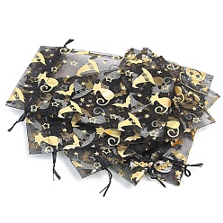 Черный Прямоугольные сумки из органзы на шнурке, пакеты для хранения конфет горячего тиснения, подарочный пакет на Хэллоуин, Выкройка шляпы кота и ведьмы, чёрные, 12x9 см