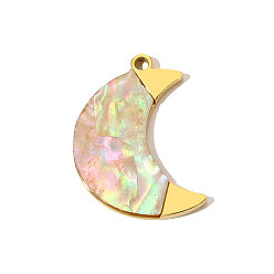 Морская Ракушка Природные подвески оболочки, Подвески в виде луны с 304 оправой из нержавеющей стали, реальный 18 k позолоченный, ионное покрытие (ip), цвет морской раковины, 21x15 мм