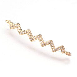 Real 18K Gold Plated Brass Micro Pave Cubic Zirconia Links, Real 18K Gold Plated, Wave, 5x35x2mm, Hole: 1mm