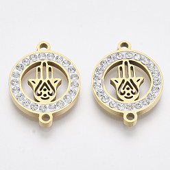 Golden 201 Stainless Steel Links connectors, with Polymer Clay Crystal Rhinestone, Flat Round with Hamsa Hand/Hand of Fatima/Hand of Miriam, Golden, 20x15x2.5mm, Hole: 1.6mm