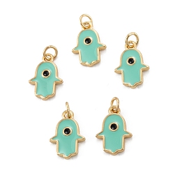 Бирюза Латунь эмаль подвески, долговечный, реальный 18 k позолоченный, хамса рука, бирюзовые, 13x9x1.5 мм, отверстие : 2.8 мм