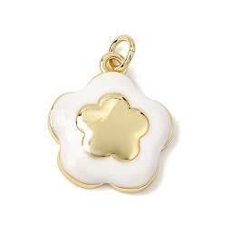 White Brass Enamel Pendants, Flower Charms, Rack Plating, Long-Lasting Plated, Real 18K Gold Plated, Lead Free & Cadmium Free, White, 18x16x4mm, Hole: 3.5mm