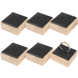 Black 6Pcs Bamboo Single Ring Display Stands with PU Leather/Velvet Mat, Square, Black, 4x4x2.1cm