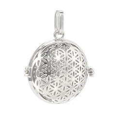 Platinum Hollow Brass Cage Pendants, For Chime Ball Pendant Necklaces Making, Flat Round, Cadmium Free & Nickel Free & Lead Free, Platinum, 35x34x17mm, Hole: 4x8mm, 27mm inner size.
