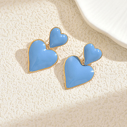 Синий Серьги-гвоздики в форме сердца из нержавеющей стали с эмалью, золотые, синие, 35x21 мм