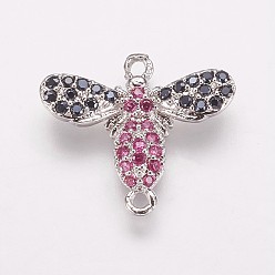 Темно-Розовый Коннекторы, латунь, кубический цирконий, Пчелы, темно-розовыми, 14x16.5x3 мм, отверстие : 1 мм