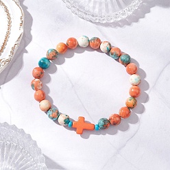 Оранжевый Браслеты из окрашенного синтетического морского белого нефрита и бирюзы с эластичными бусинами для мужчин и женщин, крестик, оранжевые, внутренний диаметр: 2-1/8 дюйм (5.5 см)