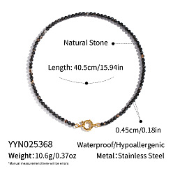 (946F)Морозный цвет внутри  Жонкиль / Непрозрачная зеленая подкладка Ожерелья из круглых бусин из натурального черного агата (окрашенного и нагретого) осень-зима, с 304 нержавеющей стали застежки, золотые, 15.94 дюйм (40.5 см), бусина : 4.5 mm