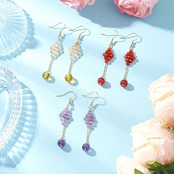 Золотой Серьги-подвески из натурального агата, натурального аметиста, натурального цитрина, натурального сердолика и натурального кварцевого кристалла, с латунной фурнитурой , ромб, золотые, 65x12.5 мм, 3 пар / набор