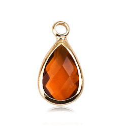 Оранжево-Красный Граненые подвески стекла, с латунной фурнитурой , кулоны из камня, слезинки, золотые, оранжево-красный, 13.5x7.5x4 мм, отверстие : 1.6 мм