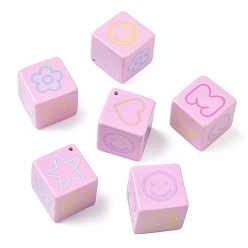 Pink Печатные непрозрачные бусины из смолы, куб со звездой, цветком, сердцем, улыбающимся лицом и буквой М, розовые, 26.5x25.5x24.5 мм, отверстие : 2 мм
