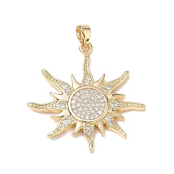 Golden Brass Micro Pave Clear Cubic Zirconia Pendants, Sun Charms, Golden, 32.5x31x2.5mm, Hole: 2.5x4mm