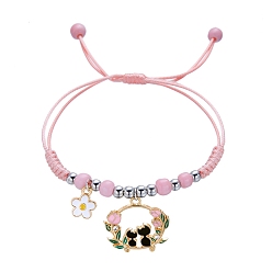 Бледно-Розовый Регулируемые нейлоновые нити плетеные браслеты из бисера, с подвесками из эмалевого сплава в виде кошки, розовый жемчуг, 5-1/2~11-3/8 дюйм (14~29 см)