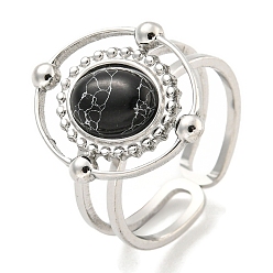 Синтетическая Бирюза 304 манжеты из нержавеющей стали с синтетической бирюзой, овальные открытые кольца с широкой полосой для женщин и мужчин, цвет нержавеющей стали, 16x18.5 мм, внутренний диаметр: регулируемый.