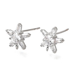 Platinum Brass Pave Cubic Zirconia Stud Earring Findings, Star, with Loop, Platinum, 10.5x10mm, Pin: 0.7mm
