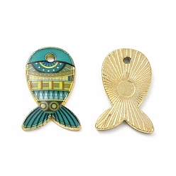 Средний Бирюзовый Стойки подвески обшивки сплава, напечатанный, без свинца, без кадмии и без никеля, очарование рыбы, золотой свет, средне бирюзовый, 19x12.5x1.5 мм, отверстие : 1.4 мм