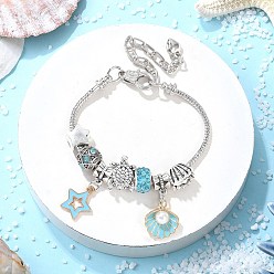 Светло-Голубой Набор браслетов с подвесками в европейском стиле с океанской тематикой для женщин, с подвесками из сплава в тибетском стиле и смолой, Небесно-голубой, 6-3/4 дюйм (17 см)