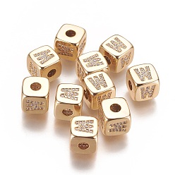 Letter W Brass Micro Pave Cubic Zirconia Beads, Horizontal Hole, Real 18K Gold Plated, Long-Lasting Plated, Cube with Letter, Clear, Letter.W, 9x9x9mm, Hole: 3.5mm