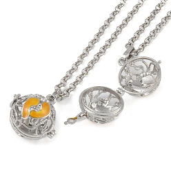 Orange Brass Enamel Pendant Necklaces, Iron Rolo Chains, Round with Footprint Pattern, Platinum, Orange, 32.68 inch(830mm)