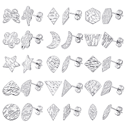Stainless Steel Color 30Pcs 15 Style 304 Stainless Steel Textured Stud Earrings Findings with Hole, Star & Kite & Hexagon & Trapezoid & Moon, Stainless Steel Color, 9~12.5x6~12mm, Hole: 1~1.4mm, Pin: 0.6~0.8mm, 2Pcs/style