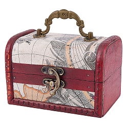 Misty Rose Vintage Wooden Jewelry Boxes, PU Leather Decorative Treasure Chest Boxes, with Carry Handle and Latch, Rectangle with Map, Misty Rose, 8.5x12.3x8.5cm