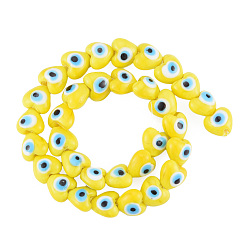 Yellow Handmade Evil Eye Lampwork Beads Strands, Heart, Yellow, 12~12.5x12~13x7.5mm, Hole: 1.2mm, about 33pcs/strand, 14.76 inch(37.5cm)