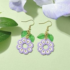 Lilac Handmade Seed Beads Dangle Earrings, Flower and Leaf, Lilac, 53.5x24mm