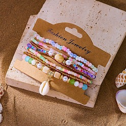 Разноцветный Богемные браслеты из смолы, сплавов, стекла, ракушек и пластиковых жемчужин, выполненные из эластичных материалов., Браслеты с подвесками в форме ракушек для женщин, с бумажной карточкой, красочный, внутренний диаметр: 2.01~2.09 дюйм (5.1~5.3 см), о 7 шт / комплект