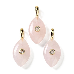 Cuarzo Rosa Natural aumentó colgante cuarzo, con detalles de latón dorado micro pavé de circonita cúbica transparente, dije con forma de ojo de caballo, 32~34x13.5~14.5x7.5~8 mm, agujero: 5x3 mm